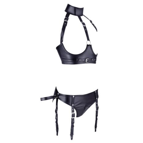 2213338x3jpg Black leather lingerie set consisting of a bralette and attached garter belt with multiple straps and buckles.