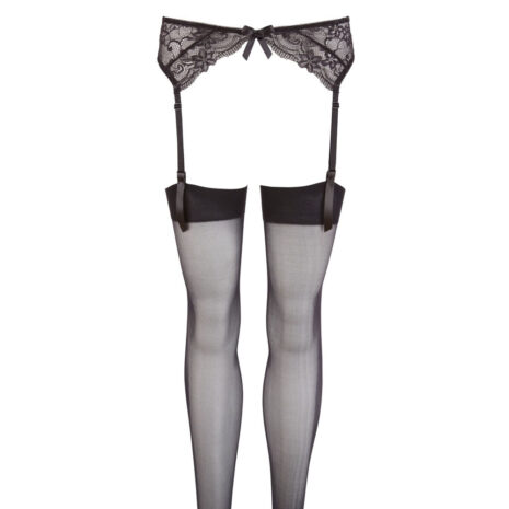 2340062BLx3jpg Black lace garter belt with matching sheer stockings hanging down from the waist, front view (no person)