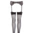 Black lace garter belt with matching sheer stockings hanging down from the waist, front view (no person)