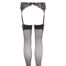 Black lace garter belt with attached sheer thigh-high stockings and small bow at the center.