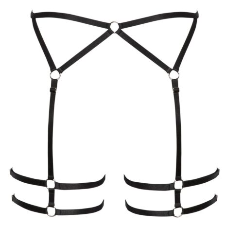 2340577x4jpg Black bondage-style chest harness with interconnecting straps and metal rings, designed to worn around the torso.