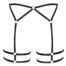 Black bondage-style chest harness with interconnecting straps and metal rings, designed to worn around the torso.