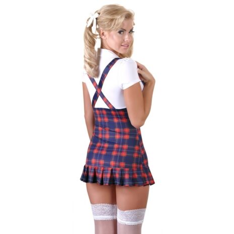 2470586x2jpg Woman in a navy red plaid suspender skirt and white top, with crossed straps, posing with back to camera and white lace thigh-high stockings.