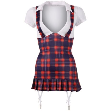 2470586x3jpg Schoolgirl-inspired outfit: navy and red plaid suspender skirt with garter straps over a white blouse.