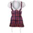 Schoolgirl-inspired outfit: navy and red plaid suspender skirt with garter straps over a white blouse.