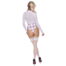 Back view of a model wearing a sheer white long-sleeve top, plaid high-cut bodysuit, lace thigh-high stockings, and black high heels.