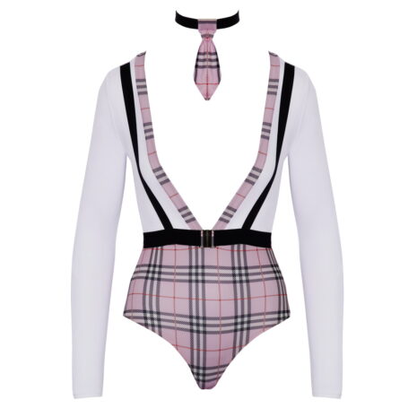2471035x4jpg White long-sleeve bodysuit with pink plaid waist and lapel trim, black belt, matching necktie and choker set (fashion leotard).