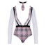 White long-sleeve bodysuit with pink plaid waist and lapel trim, black belt, matching necktie and choker set (fashion leotard).
