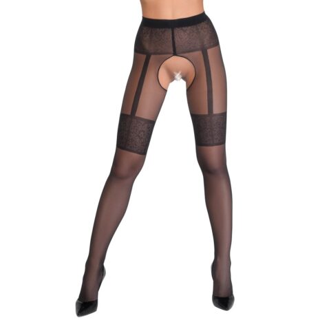 2510391x1jpg Back view of a model wearing black sheer tights with lace bands and an open crotch design, paired with black heels