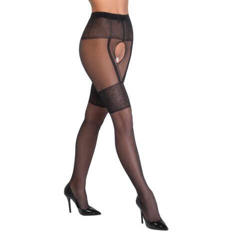 2510391x2jpg Side view of a woman's legs in black sheer pantyhose with a lace waistband and decorative cutout detail, paired with black high-heeled pumps.