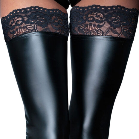2540290x3jpg Close-up of a pair of black thigh-high stockings with lacy lace tops, shown from the thighs down.