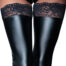 Close-up of a pair of black thigh-high stockings with lacy lace tops, shown from the thighs down.