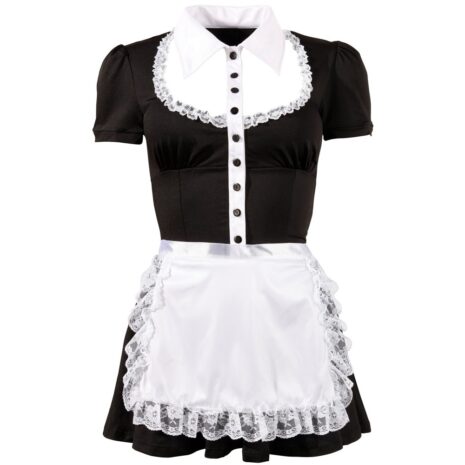 2710374x3jpg Black maid costume with white collared neckline, button placket, and lace-trimmed white apron over a black dress