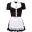 Black maid costume with white collared neckline, button placket, and lace-trimmed white apron over a black dress