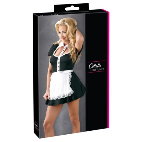 2710374x4jpg Box packaging showing a model in a black maid dress with white lace apron; Cotelli Costumes branding in pink and white on black.