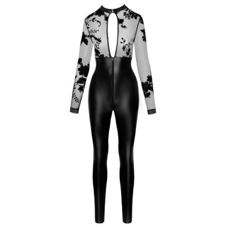 2730707x3jpg Black faux-leather jumpsuit with sheer lace long sleeves and floral pattern, front full-length zipper