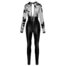 Black faux-leather jumpsuit with sheer lace long sleeves and floral pattern, front full-length zipper