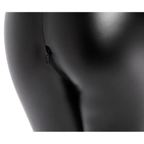 2730707x4jpg Close-up of a black zipper on a glossy black garment, viewed from the side near the hip area