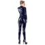 Person wearing a shiny black latex jumpsuit, seen from behind, with high-heeled platform shoes and hair in a bun