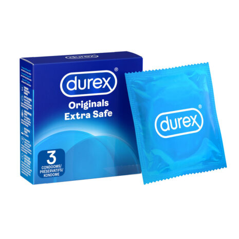 2967472x1jpg Durex Originals Extra Safe condom box with a blue condom wrapper next to it.