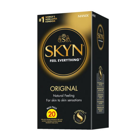 Skyn Original non-latex condom box with gold logo and 'Original' label, 20-pack, natural feel hinting at skin-to-skin sensations.