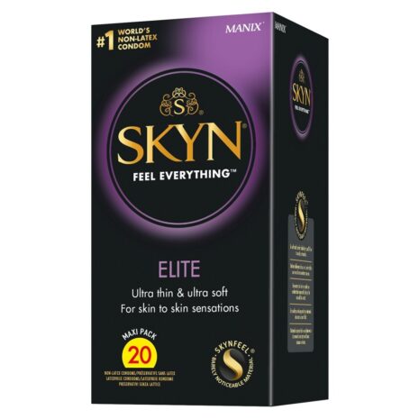 Skyn Elite non-latex condom box with purple glow around the logo, 20-count package.