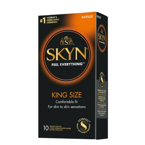 31087035x1jpg Skyn King Size condom box with black and orange design, showing 'SKYN' logo and 'King Size' text, 10 count, tagline 'For skin to skin sensations'