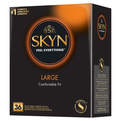 31100031x1jpg SKYN large non-latex condom box, 36-count, black packaging with orange glow logo and 'Feel Everything' motto.
