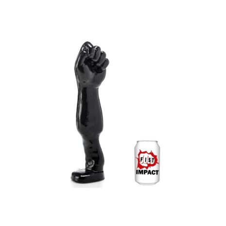 3662811073634x2jpg Black fist-shaped object standing upright next to a white can labeled 'Fist Impact' on a plain white background