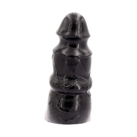 3662811167234x2jpg Black silicone dildo with a rounded head and ribbed shaft standing upright as an adult sex toy