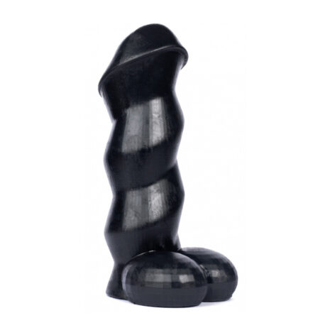 Black ribbed silicone dildo with a curved shaft and rounded base on a white background.