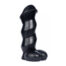 Black ribbed silicone dildo with a curved shaft and rounded base on a white background.