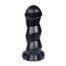 Black spiral-shaped dildo standing upright on a white background.