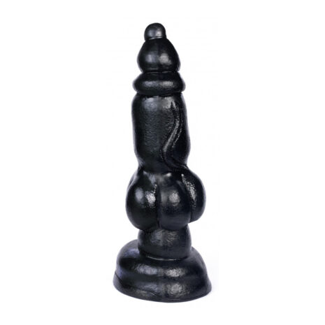 3662811261611x1jpg Black upright dildo with a flared base, textured shaft, and rounded tip, suggestive of a sex toy used for stimulation.