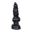 Black upright dildo with a flared base, textured shaft, and rounded tip, suggestive of a sex toy used for stimulation.