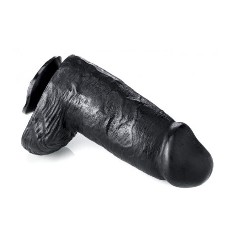 3760281713675x2jpg Black silicone dildo with a suction cup base on a white background (phallus-shaped sex toy).
