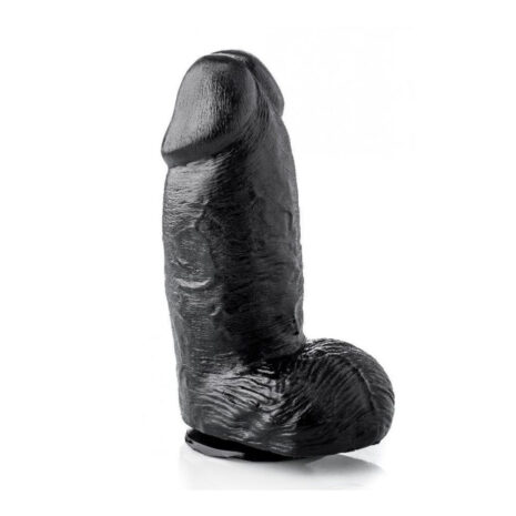 3760281713675x3jpg Black silicone dildo standing upright against a white background, side view, showing its curved shaft and rounded head.