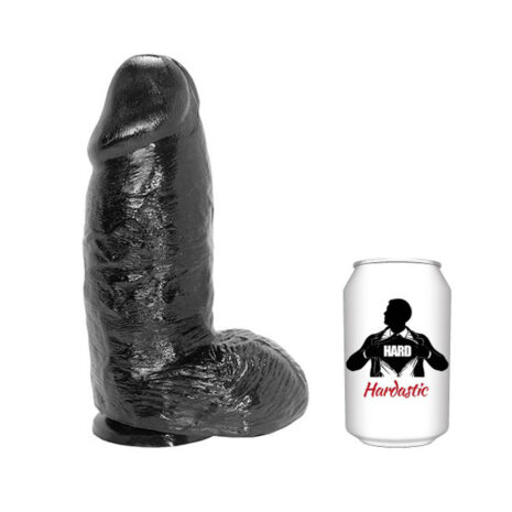 3760281713675x4jpg Large black dildo standing upright next to a white can labeled 'Hardastic' with a silhouette of a man bursting open his shirt.