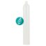 Tall white taper candle with a teal eco-label showing a white leaf symbol.