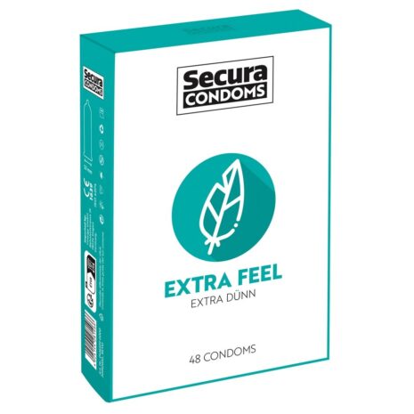 Box of Secura condoms with turquoise accents, features feather logo and 'Extra Feel' text, 48 condoms.