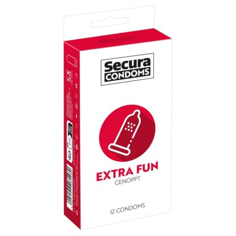 416525x1jpg Box of Secura Condoms, Extra Fun, 12 condoms; white with red accents and condom icon emblem