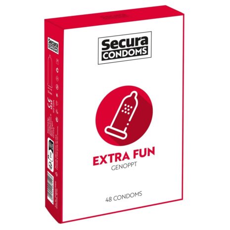 416533x1jpg Box of Secura Condoms Extra Fun, red and white packaging with condom icon and '48 CONDOMS' text