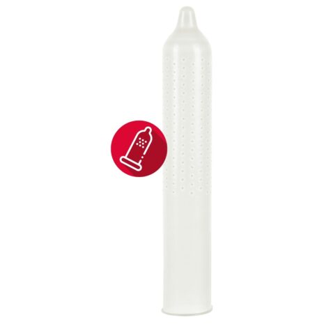 416533x2jpg Latex condom standing upright with a red circular label showing a condom icon.