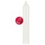 Latex condom standing upright with a red circular label showing a condom icon.