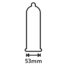 Outline of a condom with a horizontal 53 mm width indicator, showing condom size measurement