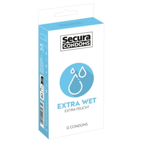 416584x1jpg Box of Secura Condoms, Extra Wet, 12 condoms, with blue circular logo and product branding on white packaging