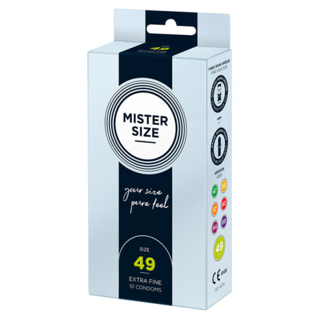 Condom box labeled Mister Size, size 49, extra fine, contains 10 condoms.