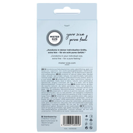 480058x2jpg Light blue Mister Size condom box back with logo, slogan 'your size pure feel', German/English text and barcode at bottom