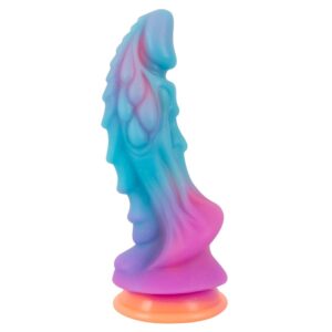 Gradient blue-to-pink silicone dildo with ridged swirls and an orange base/suction cup]