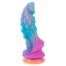 Gradient blue-to-pink silicone dildo with ridged swirls and an orange base/suction cup]